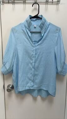 Light Blue Linen Blend Mandarin Collar Hidden Button Summer Blouse Women Size S